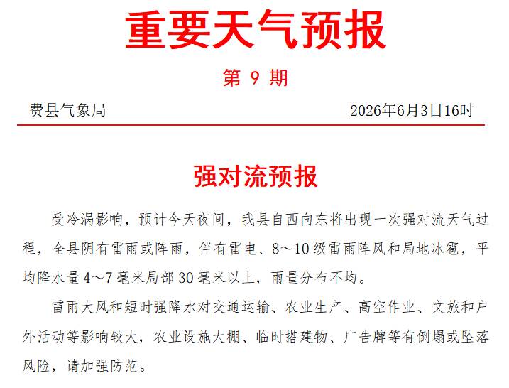 费县发布强对流天气预报