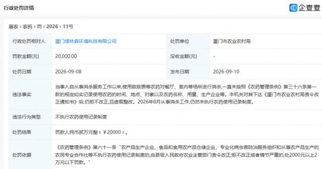 用敌敌畏消杀餐厅拒不改正，厦门绿林森环境科技被罚 违规记录遭曝光
