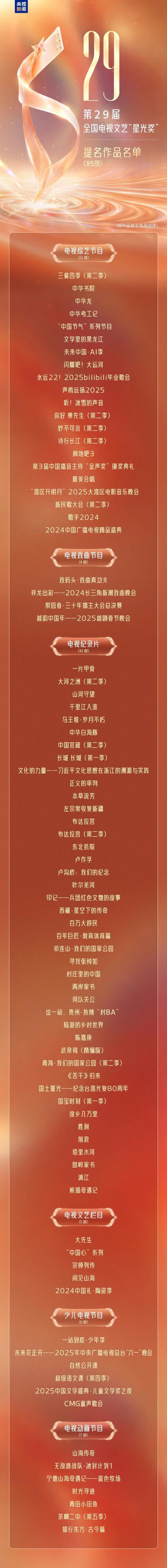 星光奖提名名单 颁奖典礼即将举行