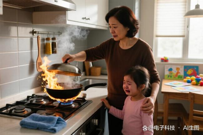 油锅起火妈妈淡定灭火还顺手教娃