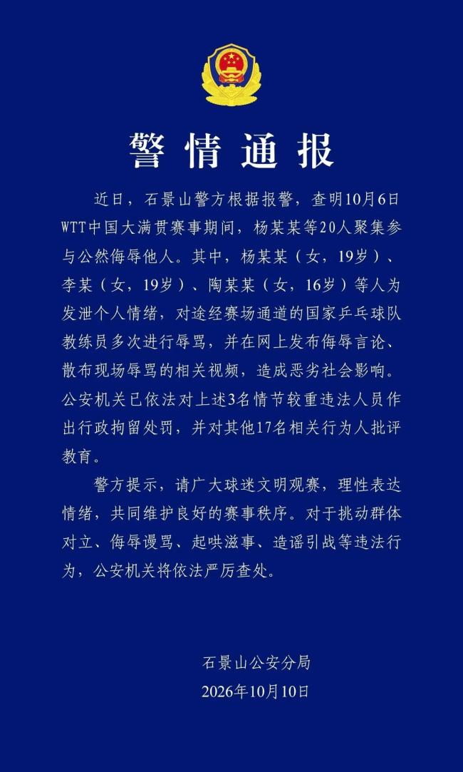 警方通报国乒教练员遭辱骂:3人被行拘