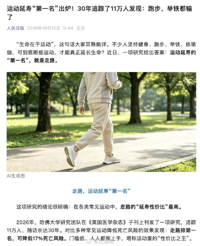 走路的延寿性价比最高 每天走8000步左右死亡风险最低