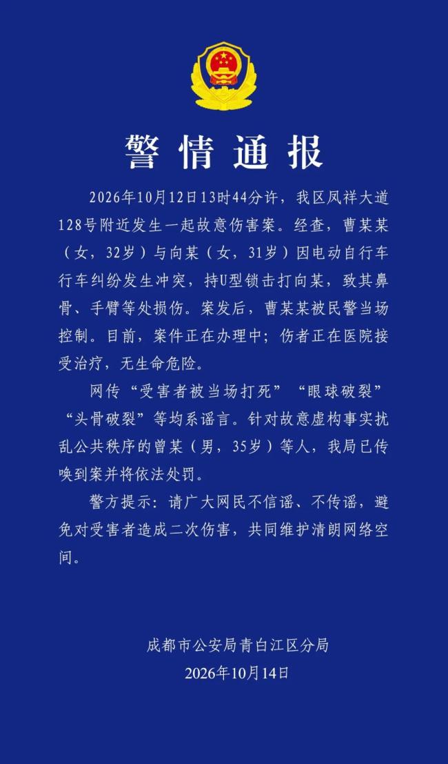 成都警方通报“女子持U型锁打人”