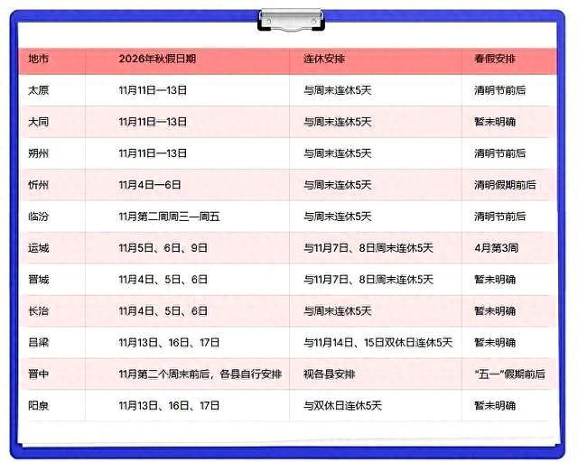 山西11市中小学春秋假时间表出炉