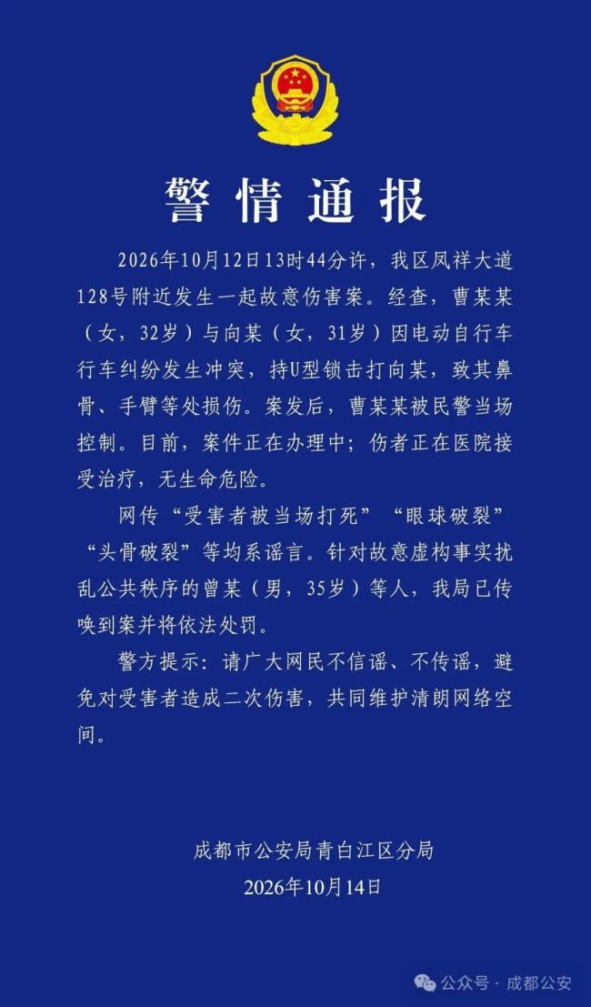 警方通报女子持U型锁打人