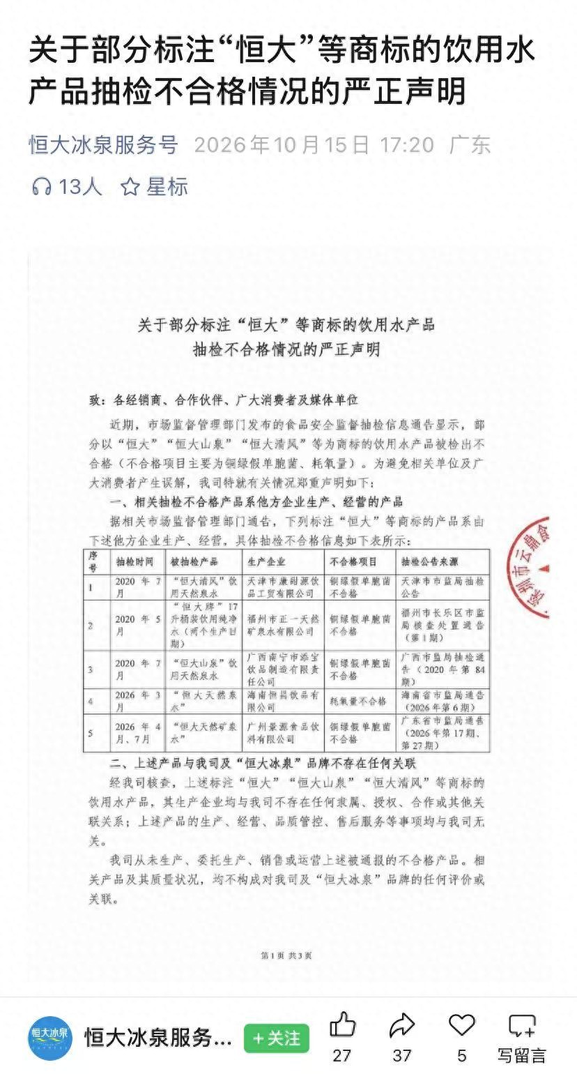 部分标注“恒大”等商标的饮用水产品抽检不合格，恒大冰泉声明：与相关生产企业不存在任何关系